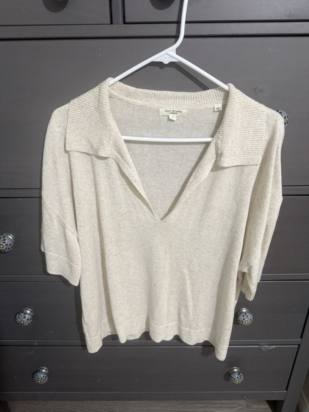 Max Studio London Collared Sweater Boxy Size L Linen Blend
